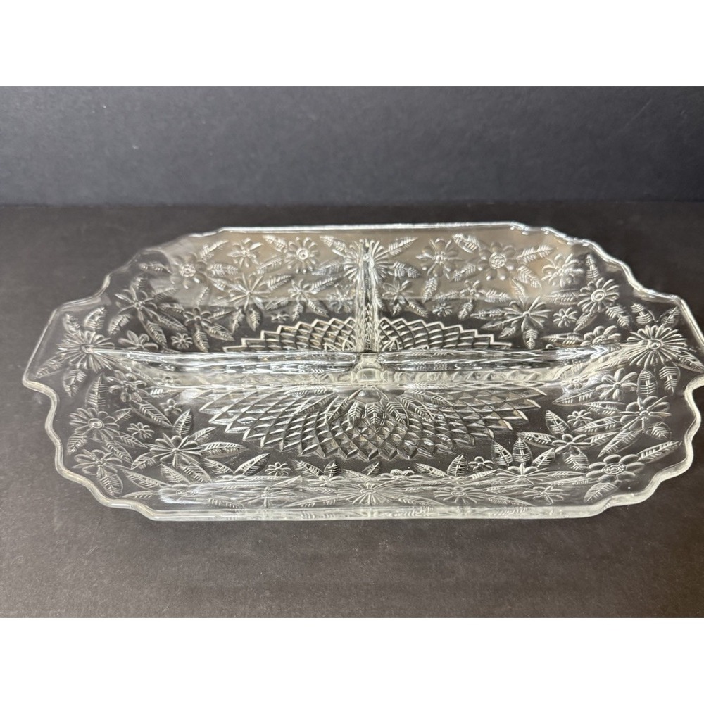 Vintage Indiana Glass Pineapple Floral 3-part Serving Tray 1932-37 11.25x7.4 EUC